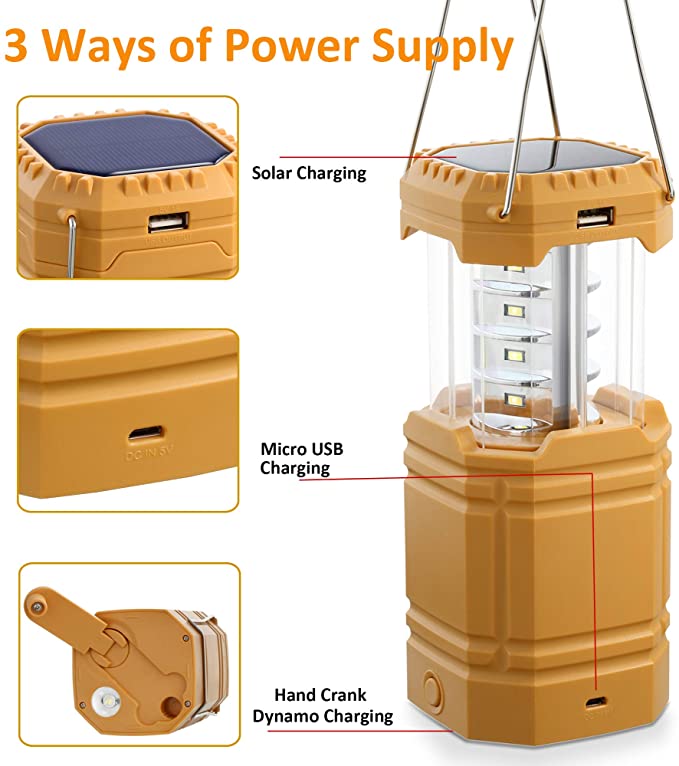 Solar Camping Håndsveiv Lantern, bærbar Ultra Bright LED-lommelykt med oppladbart batteri