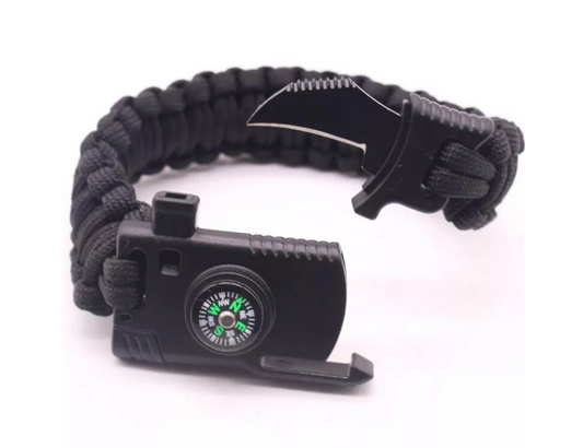 Multifunksjonelt nødarmbånd med kniv, signalfløyte, kompass og flint - overlevelsesarmbånd - nødarmbånd - nødorientering/nødbrann - utendørs armbånd - svart