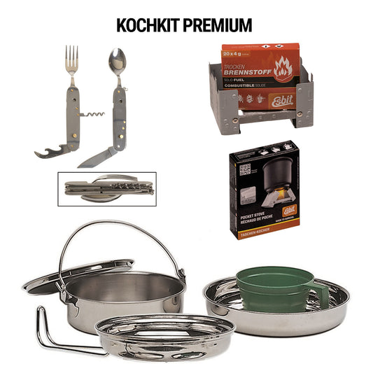 Cooking Kit - Camping Starter Kit Mat med servisesett, sammenleggbar komfyr med drivstoff, kniv med bestikk