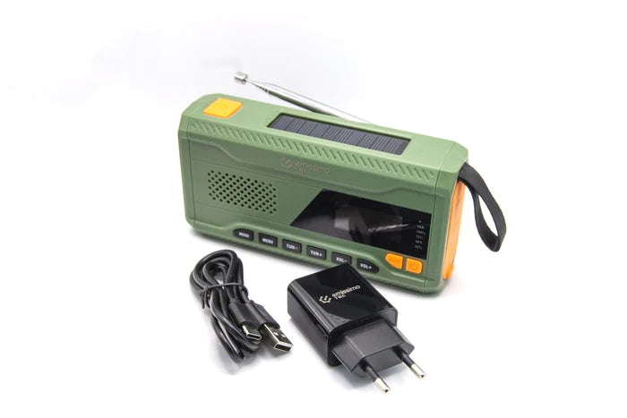 ACE mini nødradio med DAB+, sveiv og solenergi, powerbank, lommelykt og USB-C tilkobling