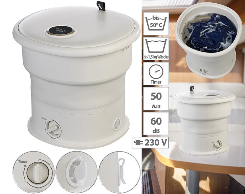 Sammenleggbar minivaskemaskin - campingvaskemaskin - utendørs vaskemaskin nødvaskemaskin - opptil 1,5 kg - 50 W - pulsator, timer