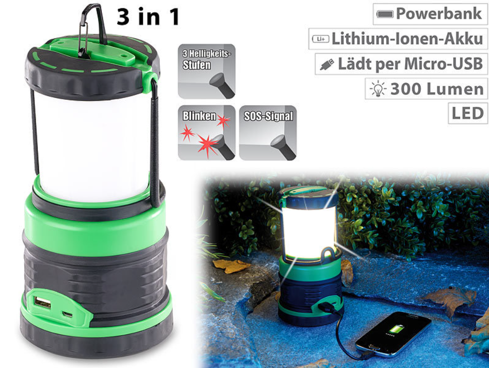 3 i 1 lys: lanterne, taklys og strømbank - nødstrøm/nødlys - nødstrømkilde - 3600 mAh - LED - campinglys/campinglanterne - batteri/nødbatteri - USB - nødstrømbank - kraftstasjon