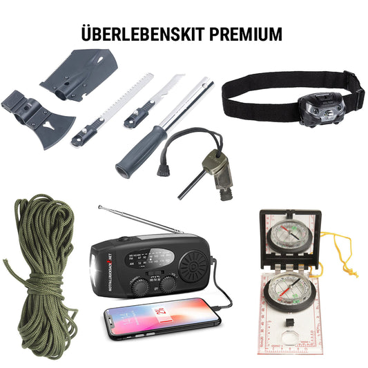 Survival Kit Premium - øks, sag, spade, sveivradio, hodelykt, kompass, ildstål, paracord
