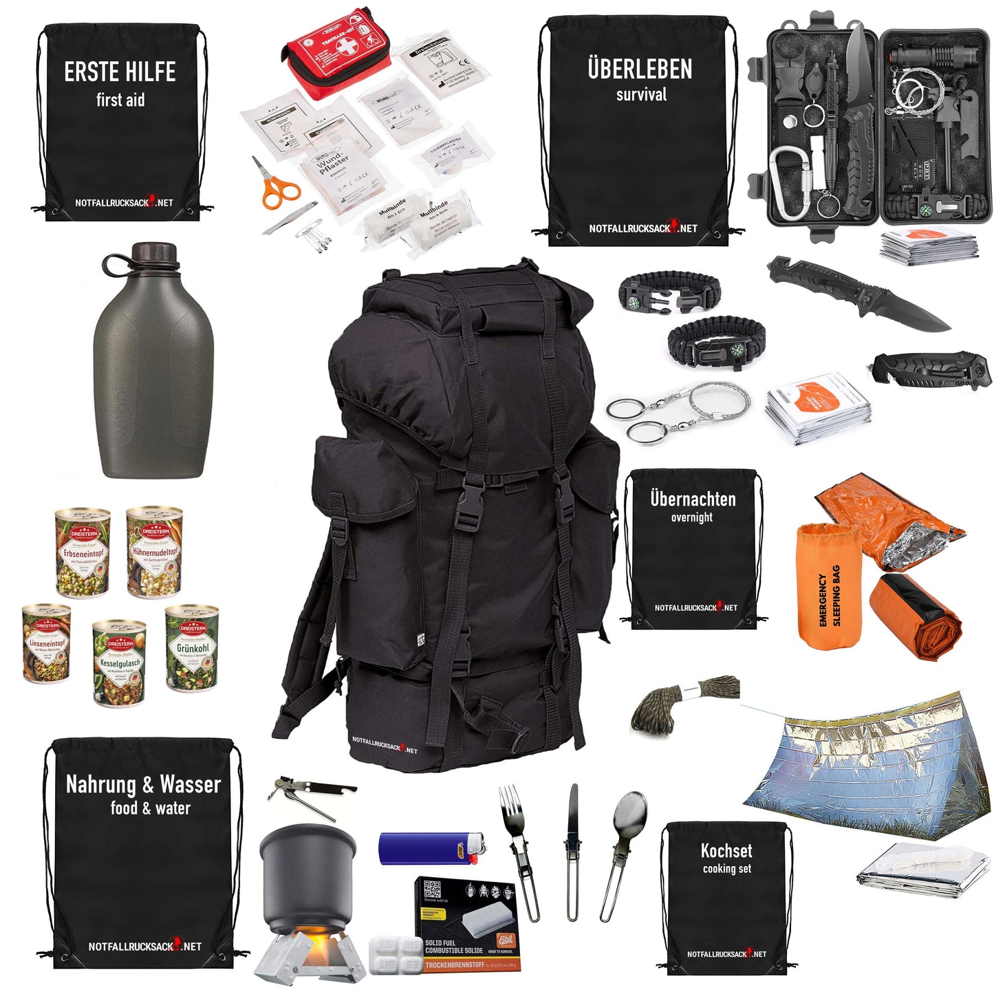 Survival pack ryggsekk fylt - inkludert mat, sove, førstehjelp -