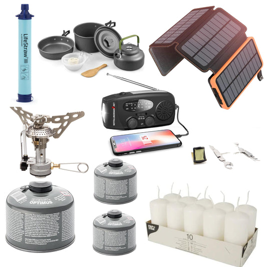 Strømbruddpakke Premium Blackout-sett - med gasskomfyr, kokesett, bestikk, solenergibank, vannfilter, stearinlys og mye mer