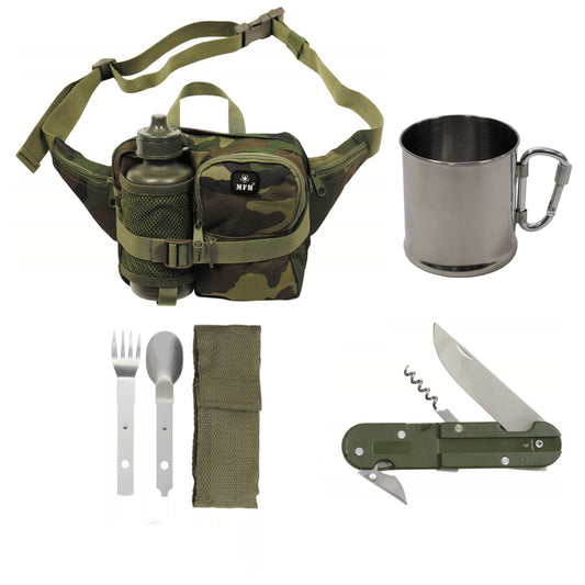 Hiking kit hip bag med drikkeflaske 500ml med kopp i rustfritt stål og 3-delt bestikk med lommekniv
